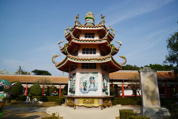 Chinese pagoda at Dhammaktanyu Foundation Shrine or Dhammaktanyu Temple or Xianlu Dai Tiang Kong. This architecture is full of ancient Chinese arts and culture. Including the stone carvings.