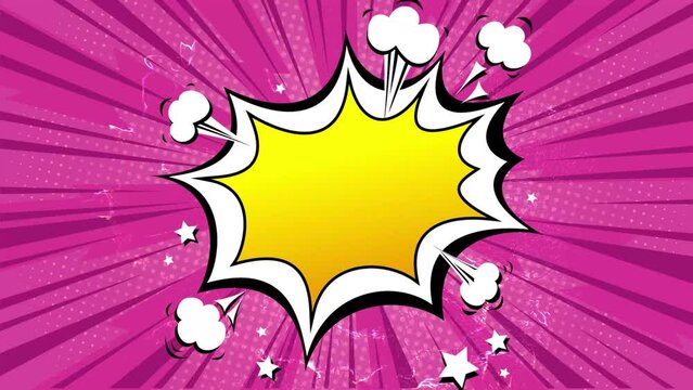 Magenta background in pop art and  funny cartoon comic style. Variety of text boxes explosion burst.  Energetic sign rotating with blades. Halfton effect with custom text space. Easy to use. 4K 