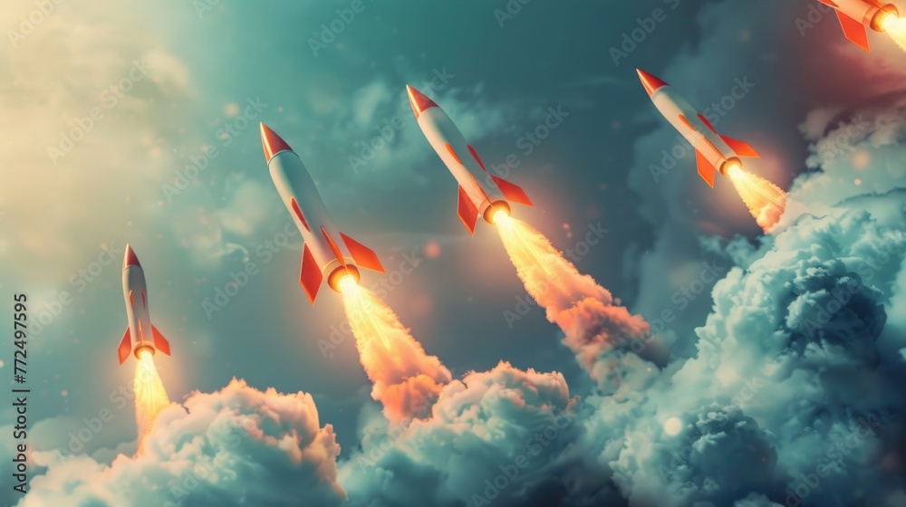 Poster rockets flying through a cloudy sky, suitable for science or technology concepts