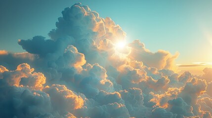 An abstract, sunny sky with a beautiful cloudscape. A view over a cloud mass of white fluffy puffs, the concept of freedom is presented in a soft focus. Vintage colors are used. - obrazy, fototapety, plakaty