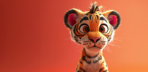 Adorable Animated Tiger Cub with a Quizzical Expression on Orange Background