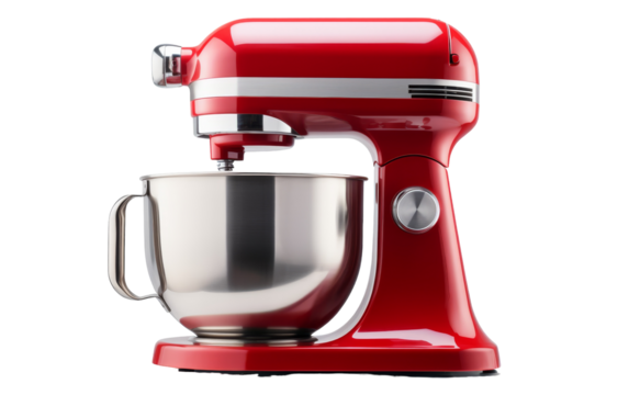 A vibrant red mixer rests gracefully on a pristine white tabletop