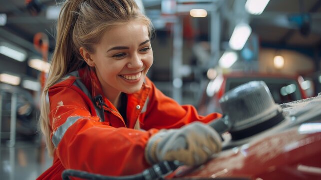 Professional woman in a bright red uniform polishing a car at a service station