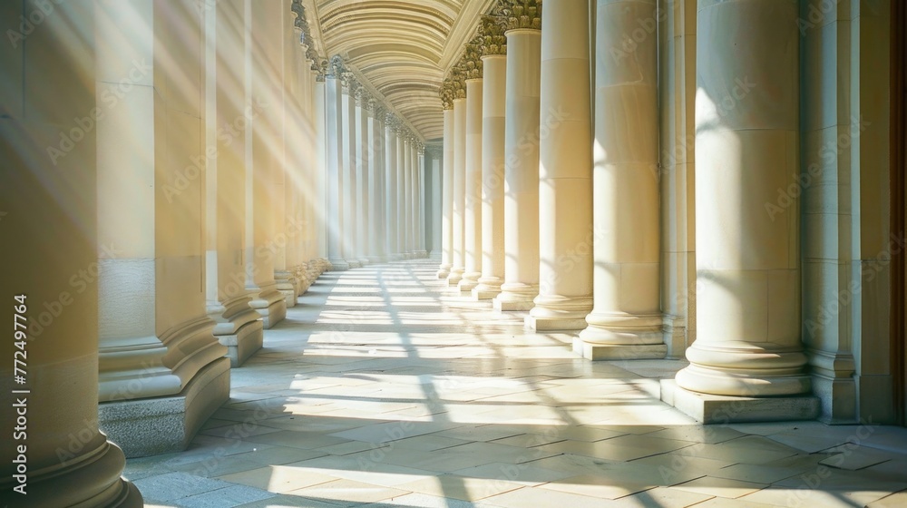 Poster A long row of white pillars in a building. Suitable for architectural projects