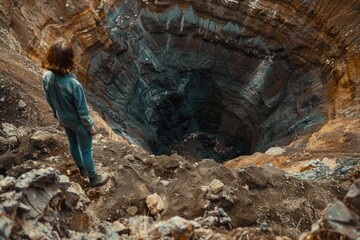 A person standing in a deep hole in a mountain. Ideal for illustrating challenges or overcoming obstacles