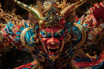 Fototapeta premium Balinese Demon Mask Detailed in Vivid Colors and Gold, a Cultural Icon
