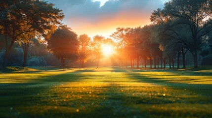 The silhouette of a golfer hits sweeping in the summer and keeps the course clean for relaxation. A vintage color scheme... - obrazy, fototapety, plakaty