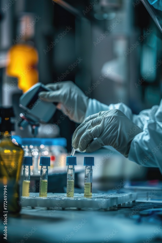 Poster a person in a lab coat and gloves holding a cell phone. suitable for science and technology concepts