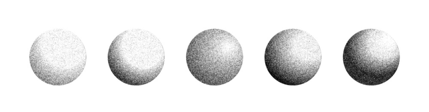 The texture grain noise gradient spheres set is isolated on the white background, grit sand noise overlay, gradient halftone vector texture, spray, and shadows effect illustration.