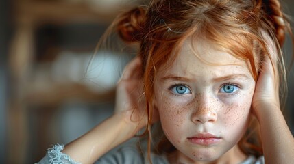 Little girl feeling sick with a headache. Sad little girl holding his head. - obrazy, fototapety, plakaty