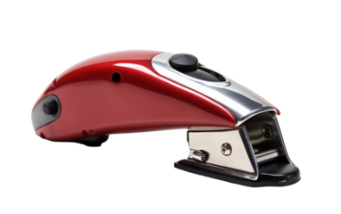 A vibrant red and silver stapler sits boldly against a pristine white background