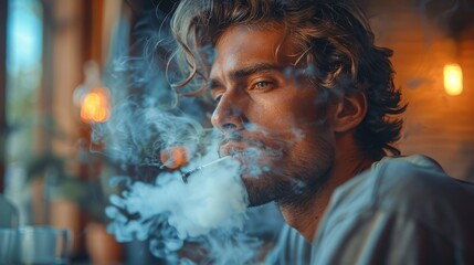 At an office table, a young man is using a disposable electronic cigarette - obrazy, fototapety, plakaty