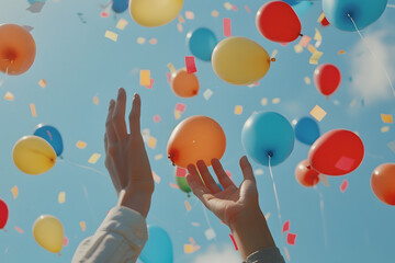 a person's hands holding colorful balloons against a bright blue sky
