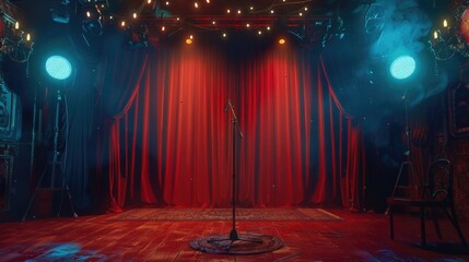 A stage with a red curtain and a microphone, perfect for performance events