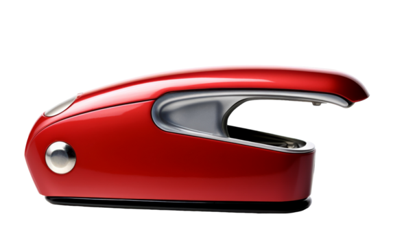 A vibrant red stapler stands out against a white background