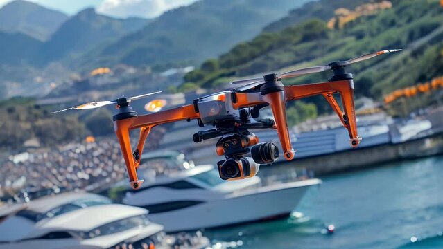 A drone surveys boats in the harbor with mountains in the background