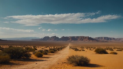 Exuberant Egyptian desert landscape with beautiful mountains, vivid blue sky. High-quality, cinematic image.