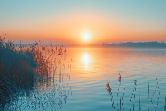 Beautiful sunset over calm water, perfect for relaxation scenes