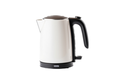 A sleek, white and black electric kettle stands boldly on a minimalistic white backdrop