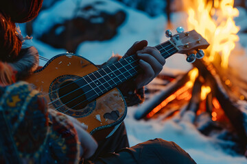 a person's hands playing a musical instrument by a campfire - obrazy, fototapety, plakaty