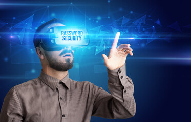 Businessman looking through Virtual Reality glasses, virtual security concept