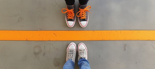 Wife and husband facing each other, being divided by orange line, closeup of their feet. Marital and relationship counseling, divorce and breakup concept.