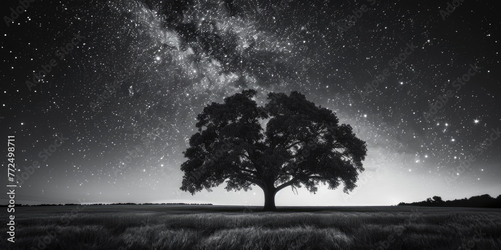 Poster black and white photo of a tree in a field. suitable for nature and minimalist concepts