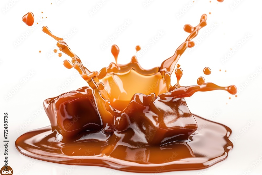 Poster caramel and ice cubes splashing on a white surface, perfect for food and beverage concepts