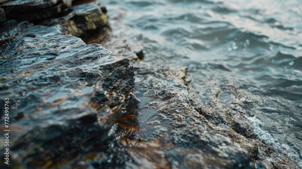 Poster a detailed view of a rock submerged in water. suitable for nature and environmental themes