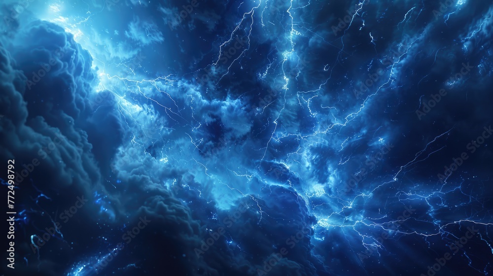 Poster dramatic image of lightning striking through dark clouds. perfect for weather-related designs