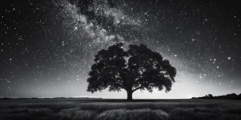 Black and white photo of a tree in a field. Suitable for nature and minimalist concepts