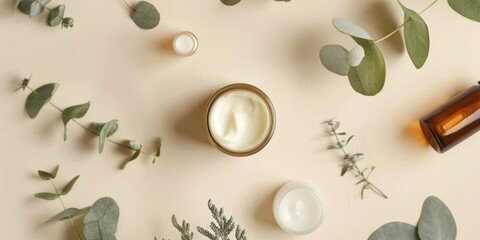 Fototapeta na wymiar Cream jar surrounded by greenery and candles, suitable for spa concept