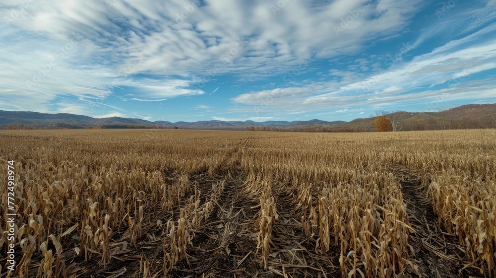 Poster scenic view of corn field with mountains in background, suitable for agricultural and nature concept