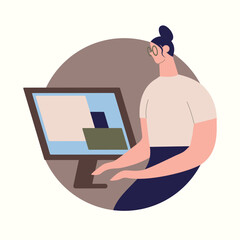 Comic woman work on computer.Programmer on remote work, distance E-learning or online training.Lady developer with glasses with monitor. Funky figures style.Vector illustration for design web sites