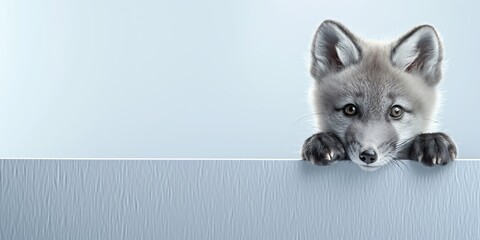 Gray arctic fox cub peeking over the edge of a gray board, copy space, light blue background, cold and winter concept.  - obrazy, fototapety, plakaty