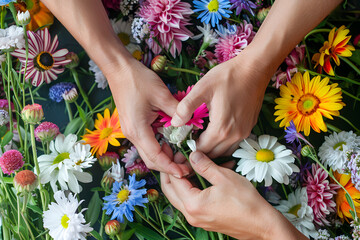 a person's hands arranging freshly picked flowers into a bouquet
