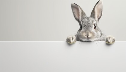 Gray bunny rabbit holding white cardboard, copy space, white background.