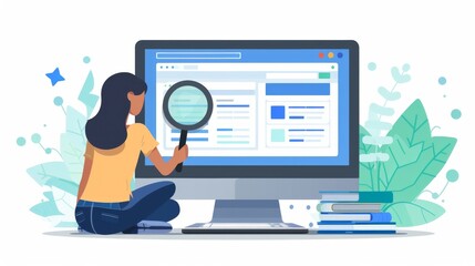 Using magnifiers and computers, women analyze SEO websites and promote traffic to them by using internet business technology. - obrazy, fototapety, plakaty