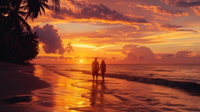 Two people walking on the beach at sunset. Suitable for travel and leisure concepts
