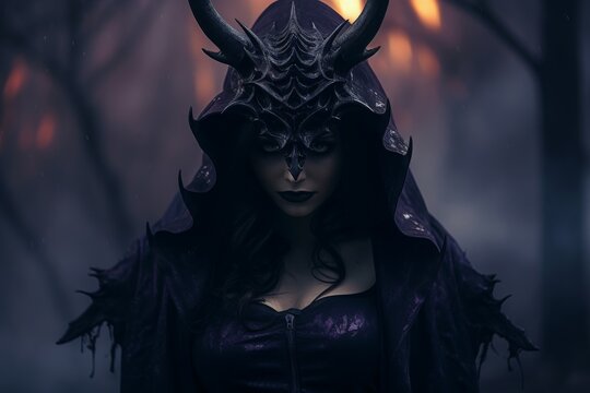 the devil girl with long hair and black wings and black dress with horror expressions and bleeding purple eyes - Powered by Adobe