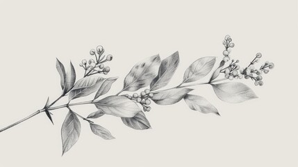Detailed drawing of a branch with green leaves and colorful flowers. Ideal for botanical illustrations or nature-themed designs