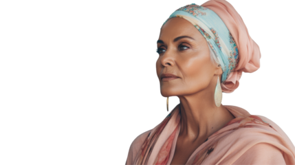 A woman with eyebrow raised, wearing a headscarf and earrings, glances to the side, showcasing her stylish headgear and jewelry on transparent