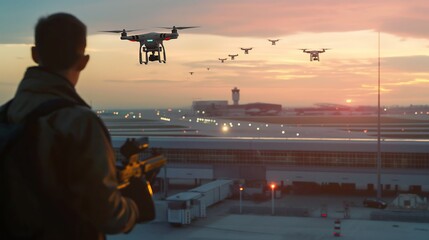 Drone attack concept, airport security worker holding an anti-drone weapon or jammer, while swarm of drones is approaching