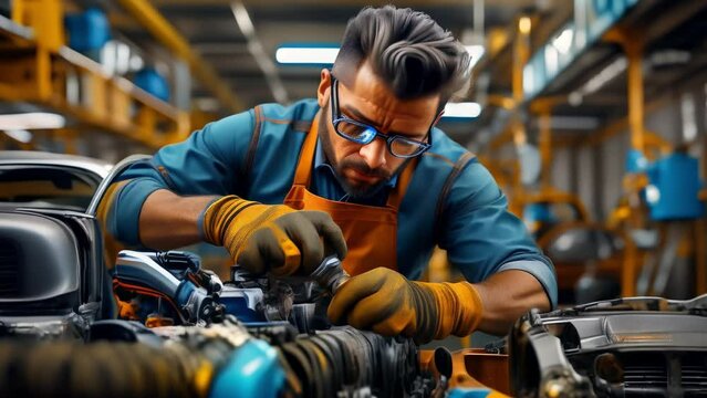 A mechanic repairs a car