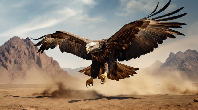 an eagle is landing in the desert , Generate AI