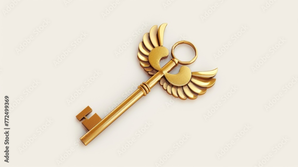 Poster a unique golden key with wings, perfect for concepts of success and freedom
