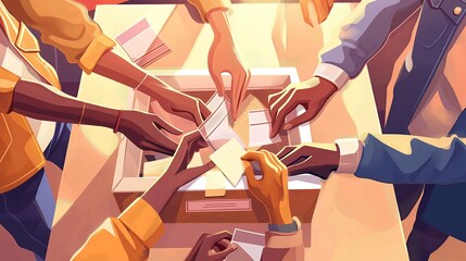 Office referendum or poll concept illustration. People throwing pieces of paper into a cardboard box, in tones of blue, brown and orange. - obrazy, fototapety, plakaty