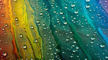 Vibrant gradient background with droplets of water, featuring a spectrum of colors ranging from warm orange to cool blue. - obrazy, fototapety, plakaty