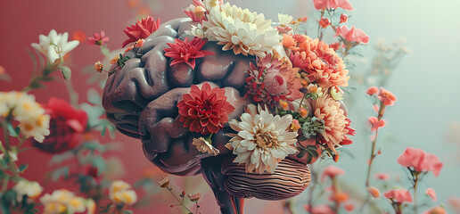 Image of a human brain with flowers, representing the concept of self-esteem and mental health care. It can be used for promoting positive thinking and creativity. - obrazy, fototapety, plakaty