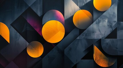 Vivid geometric abstraction with orange circles on black. Modern art piece featuring orange circles and angular shapes.